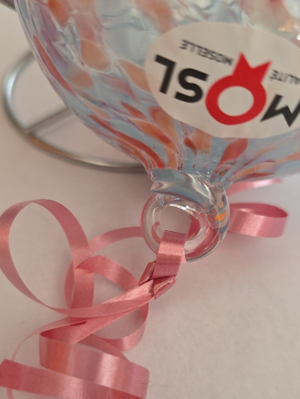 Cristal Lehrer French Hand-Blown Art Glass Sphere Pink/White Speckled Ornament - Picture 12 of 13